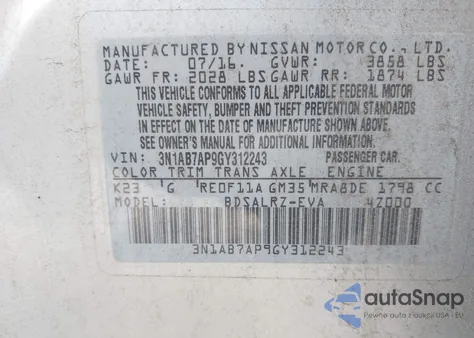 2016 Nissan Sentra Sr from USA, damaged, VIN 3N1AB7AP9GY312243